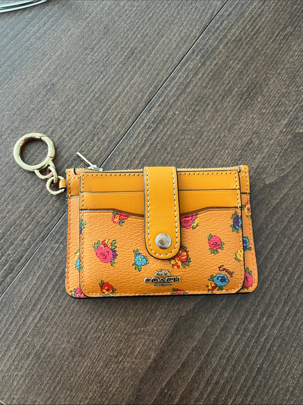 Coach Orange Floral Leather Card Holder Keyring